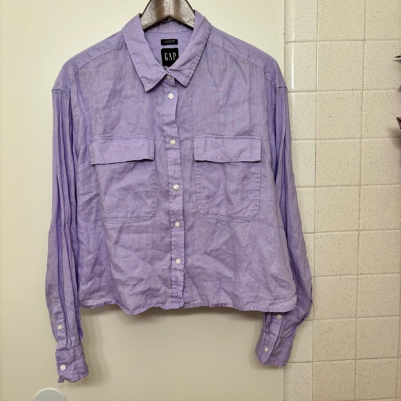 GAP Purple Lavender Oversized 100% Linen Cropped Button Down Large Y2K Oversized - Picture 2 of 12